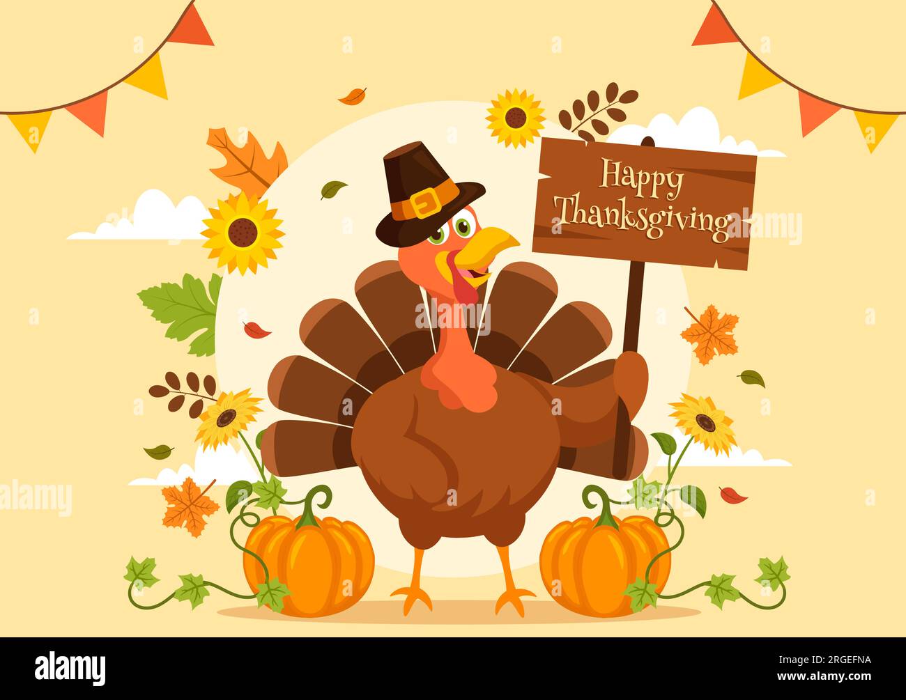 Happy Thanksgiving Day Vector Illustration with Turkey Bird, Pumpkin ...
