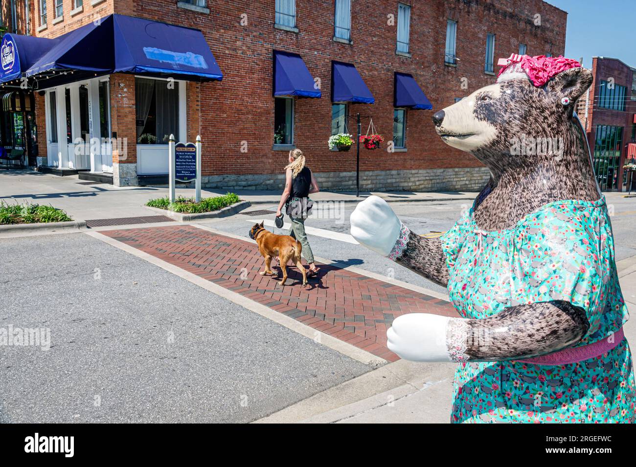 Hendersonville North Carolina,Main Street,Bearfootin' Bear Art Walk artwork,walking dog pet,woman women lady female,adult,resident,store business shop Stock Photo