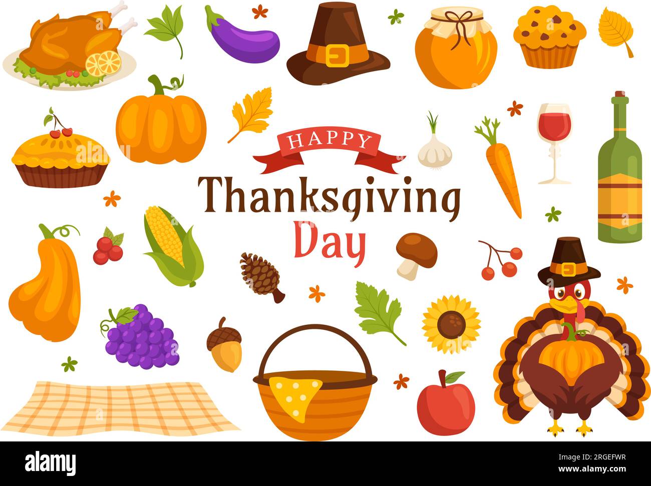 Happy Thanksgiving Day Vector Illustration with Turkey Bird, Pumpkin ...