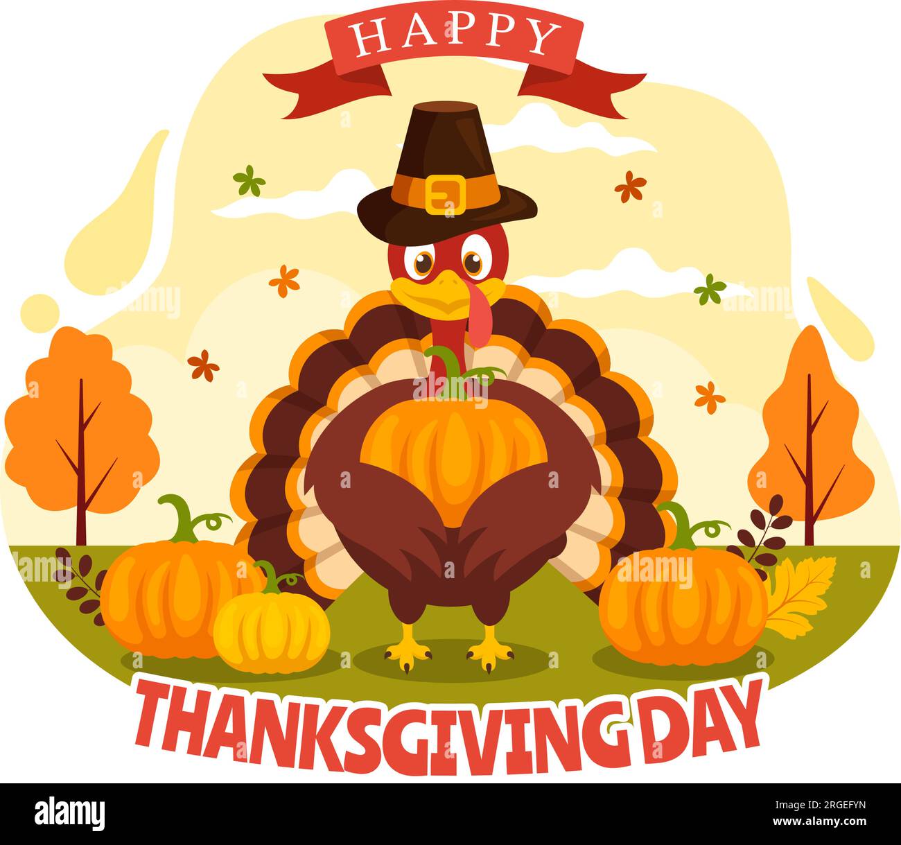Happy Thanksgiving Day Vector Illustration with Turkey Bird, Pumpkin ...