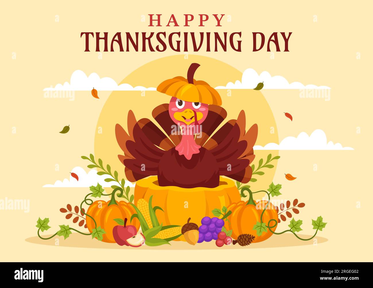 Happy Thanksgiving Day Vector Illustration with Turkey Bird, Pumpkin ...