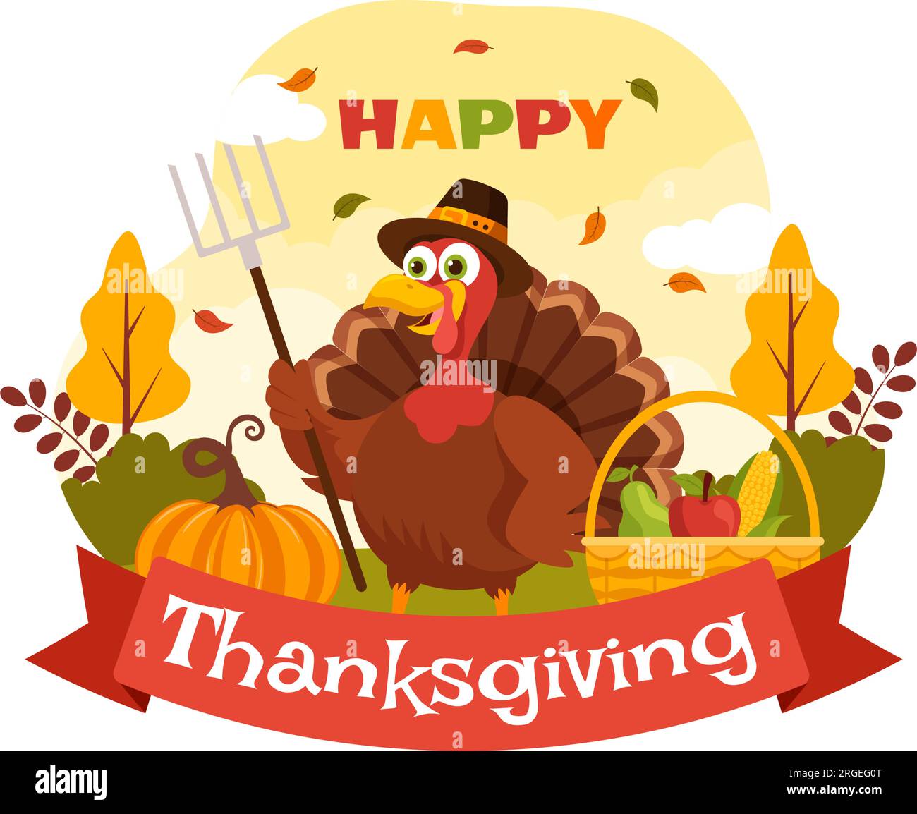 Happy Thanksgiving Day Vector Illustration with Turkey Bird, Pumpkin ...