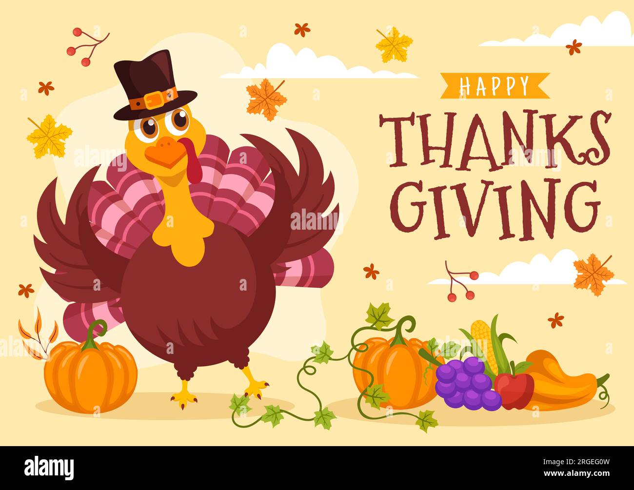 Happy Thanksgiving Day Vector Illustration with Turkey Bird, Pumpkin ...