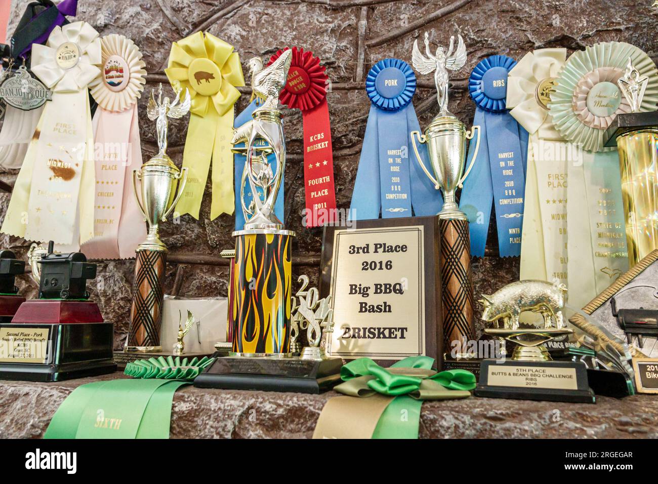 Flat Rock North Carolina,Flat Rock Wood Room,barbeque cook-off contest winning trophies ribbons,inside interior indoors,restaurant dine dining eating Stock Photo