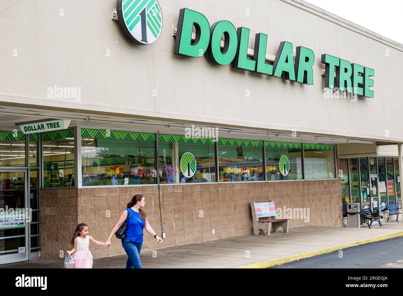 Gastonia North Carolina,Dollar Tree discount,child children childhood,kid,girl female residents,family parent mother daughter,outside exterior,buildin Stock Photo