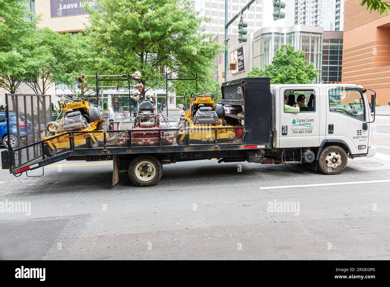 Charlotte North Carolina,South Tryon Street,flatbed truck carrying