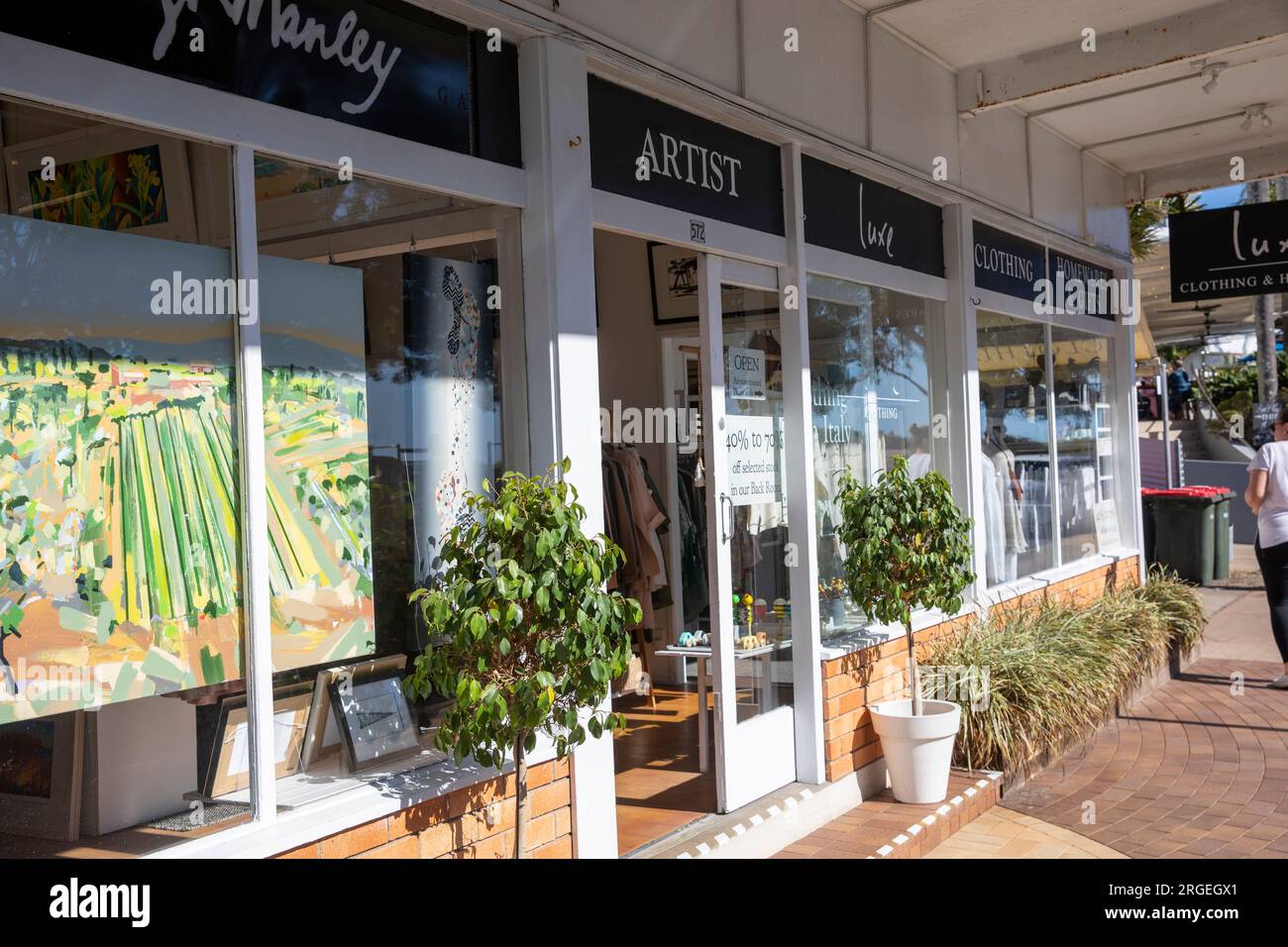 Hervey Bay city in southern Queensland and local artist Ashleigh Murray store selling art and clothing,Queensland,Australia Stock Photo