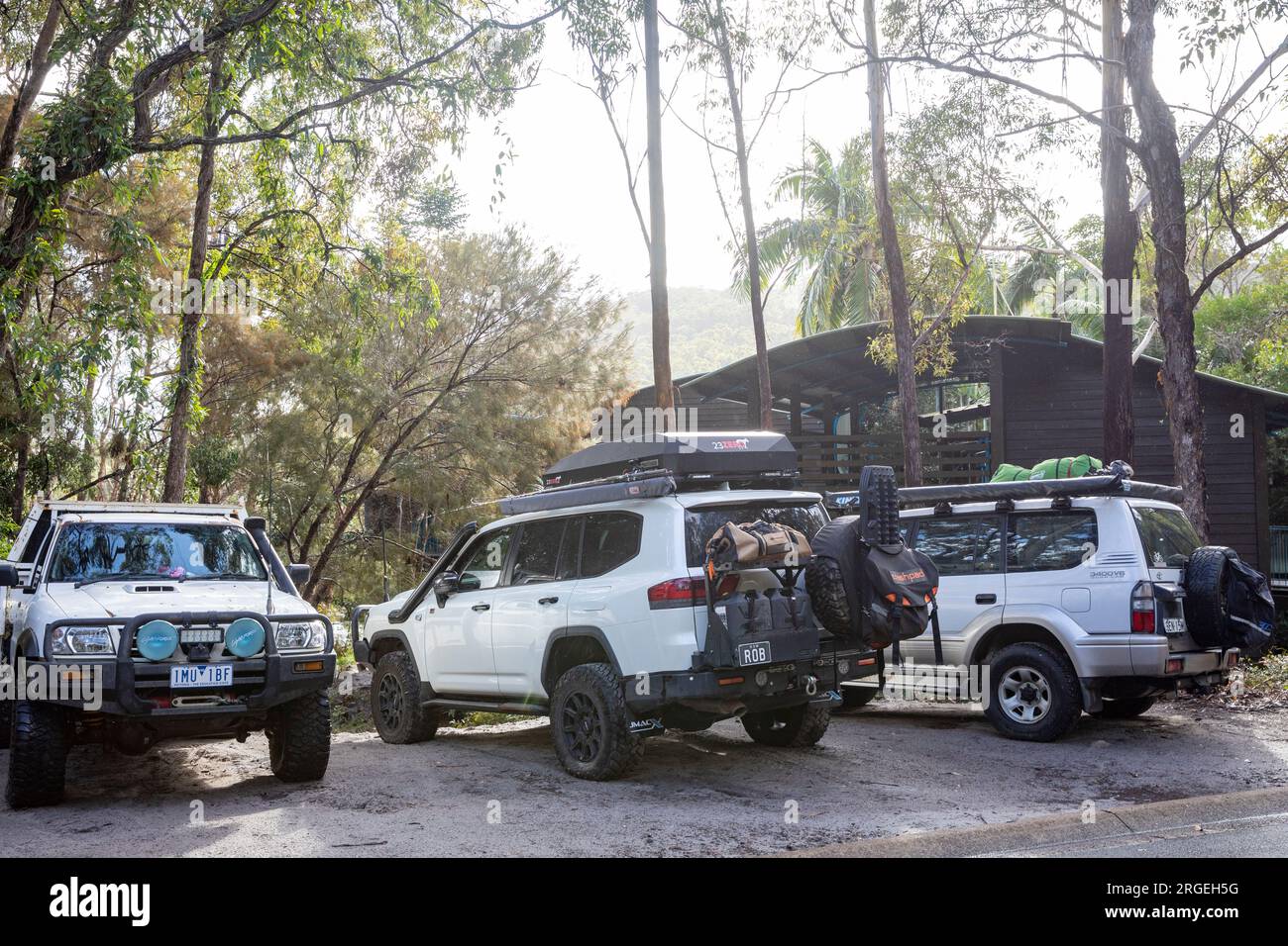 4WD 4X4 vehicles on Fraser Island K'gari, three 4x4 vehicles parked at