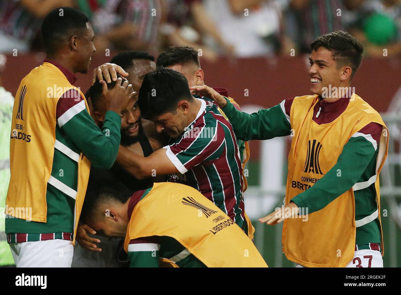 Samuel Xavier of Brazil's Fluminense, center, and Rene of Brazil's  Internacional head the ball during a Copa Libertadores semifinal second leg  soccer match at Beira Rio stadium in Porto Alegre, Brazil, Wednesday