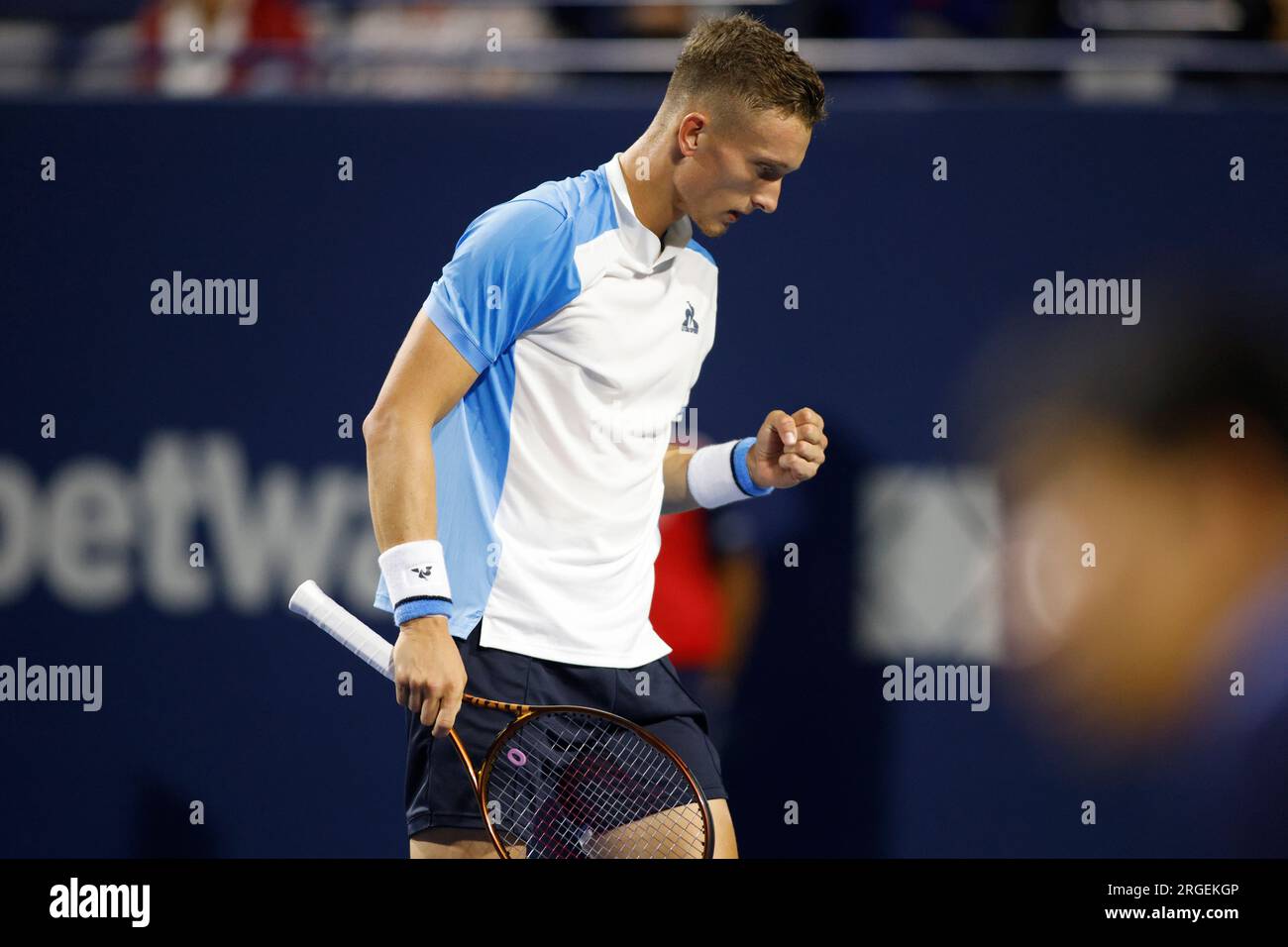 Toronto, Canada. 08th Aug, 2023. Jiri Lehecka of Czech Republic celebrates a point against Casper Ruud of Norway during National Bank Open tennis in Toronto, Tuesday, Aug