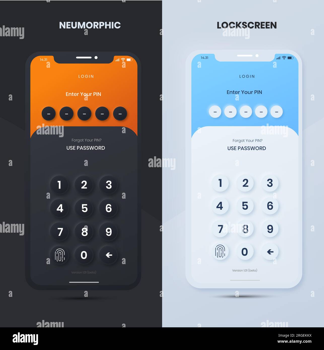 Onboarding lock screen mobile app dark and light mode Stock Vector