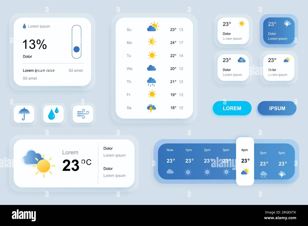 GUI elements for weather forecast mobile app. Temperature, atmospheric