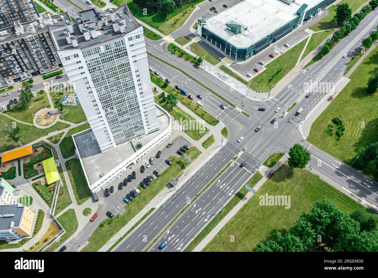 streets intersection at the city. urban landscape on a sunny summer day. Stock Photo