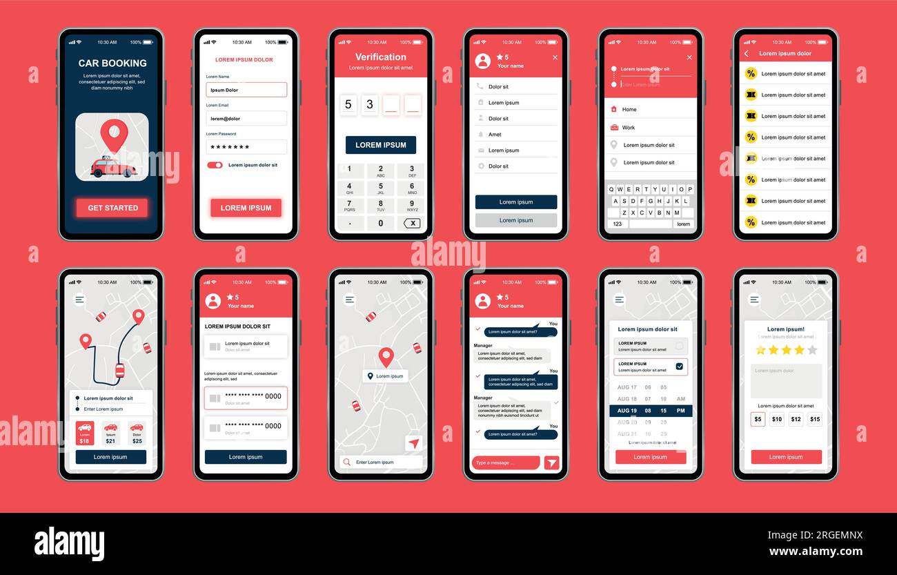 Car booking unique design kit for mobile app. Online rent car order