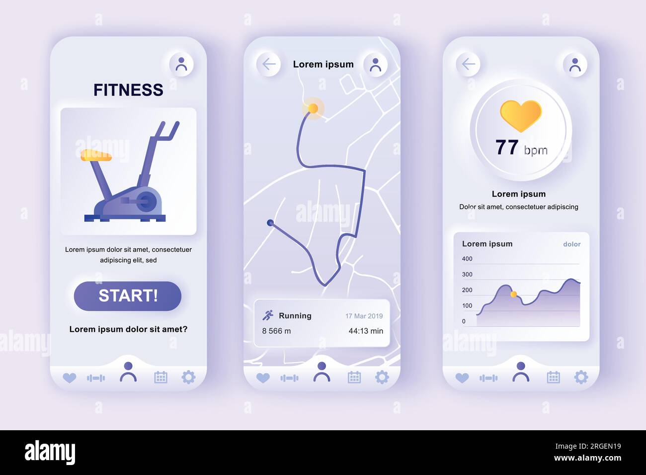 Fitness workout unique neumorphic design kit for mobile app. Fitness