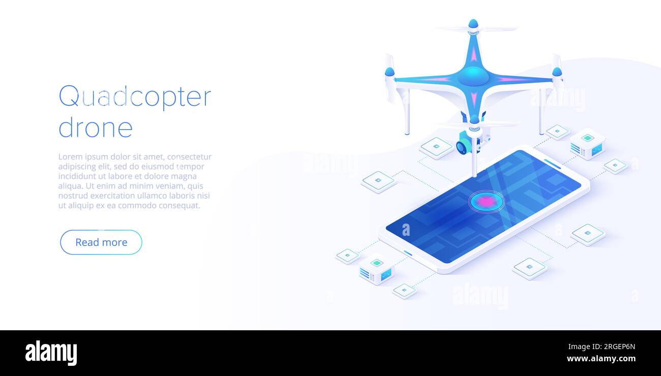 Quadcopter with smartphone remote control concept in isometric vector