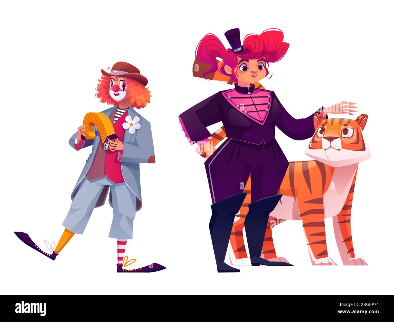 Male clown and female animal tamer isolated on white background. Vector cartoon illustration of circus comedian playing accordion, woman in costume and tiger performing on arena. Talent festival Stock Vector