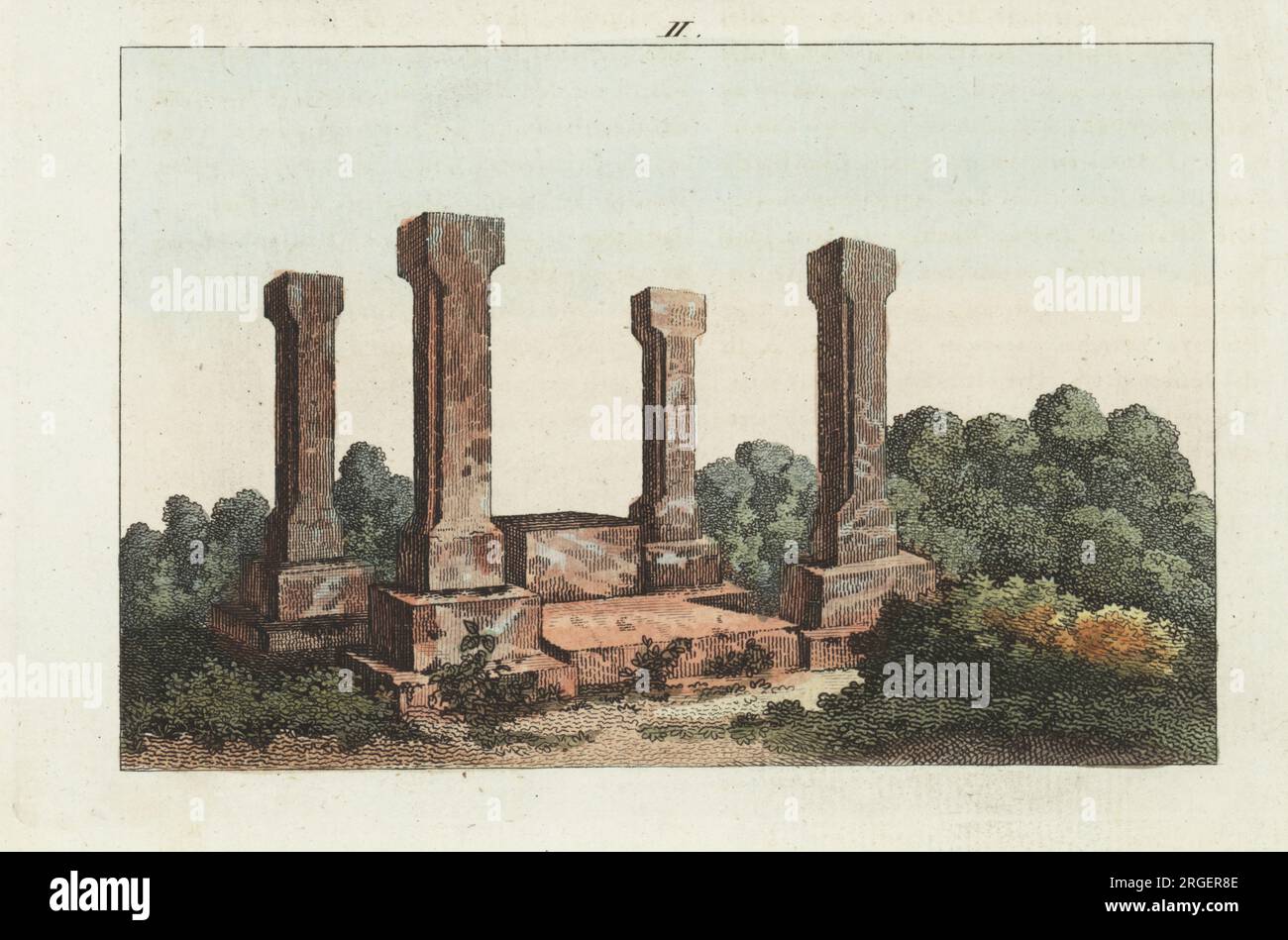 The King's Seat at Axum, Abyssinia (Aksum, Ethiopia). Greek- or Egyptian-style throne with four octagonal stone columns. Erected by Ptolemy III Euergetes according to Scottish explorer James Bruce. Copied from Voyages and Travels by George Annesley, Viscount Valentia, and artist Henry Salt, 1809. Handcoloured copperplate engraving from Carl Bertuch's Bilderbuch fur Kinder (Picture Book for Children), Weimar, 1810. A 12-volume encyclopedia for children illustrated with almost 1,200 engraved plates on natural history, science, costume, mythology, etc., published from 1790-1830. Stock Photo