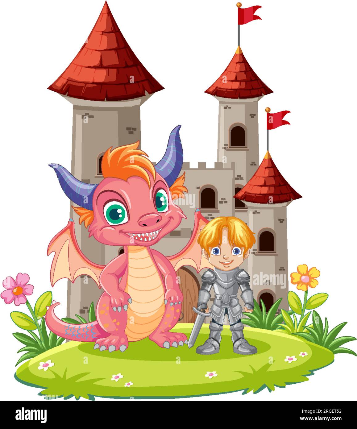 Cute Dragon with Knight Standing in Front of Castle illustration Stock ...
