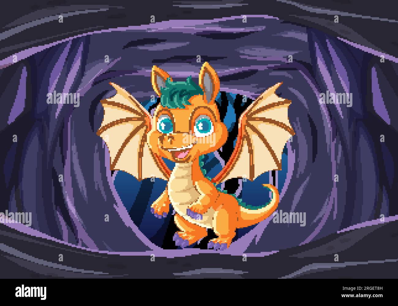 A cartoon illustration of a cute baby dragon in a dark cave background ...