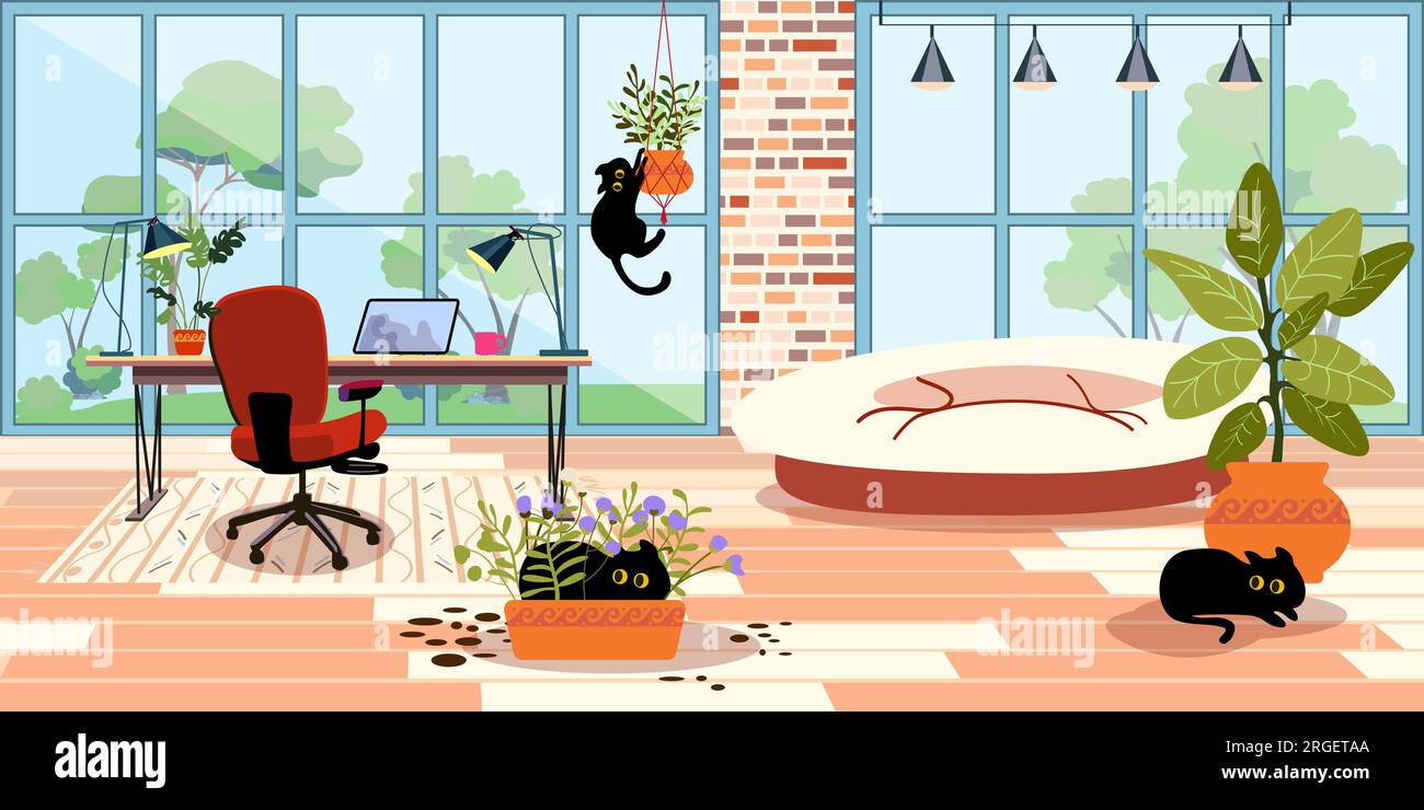 Office facilities and design isolated cartoon vector illustrations set. Funny black cats in the room play and hide in indoor plants. Retro style 60s, 70s. Pet friendly. Bright interior with large windows and wooden floors. Stock Vector