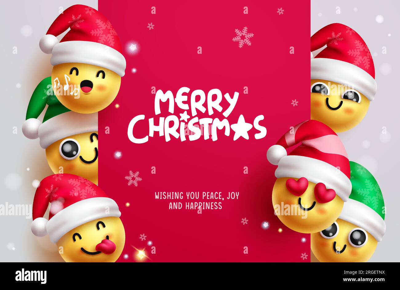 Merry christmas text vector template design. Christmas emojis, emoticons and characters in yellow color for xmas season greeting card. Vector Stock Vector
