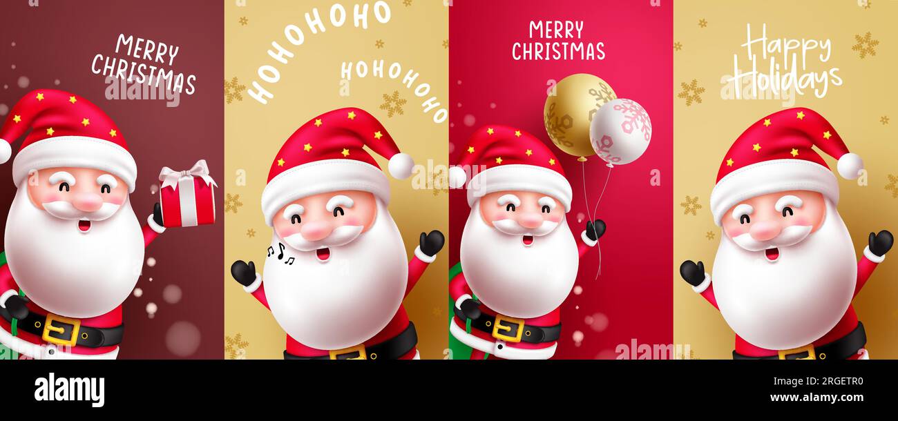 Christmas santa claus characters vector poster set. Merry christmas greeting text with santa claus character lay out collection. Vector illustration Stock Vector