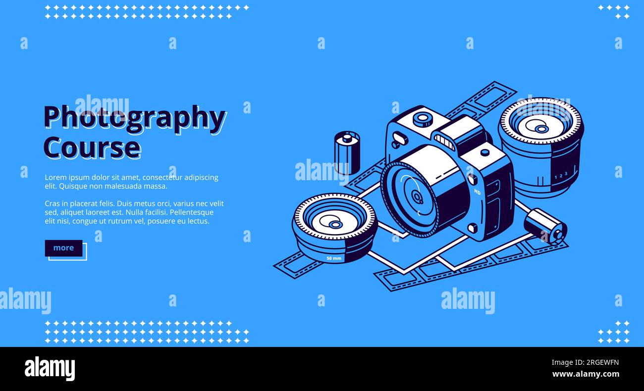 Photography courses isometric landing page. Classes and tutorials for