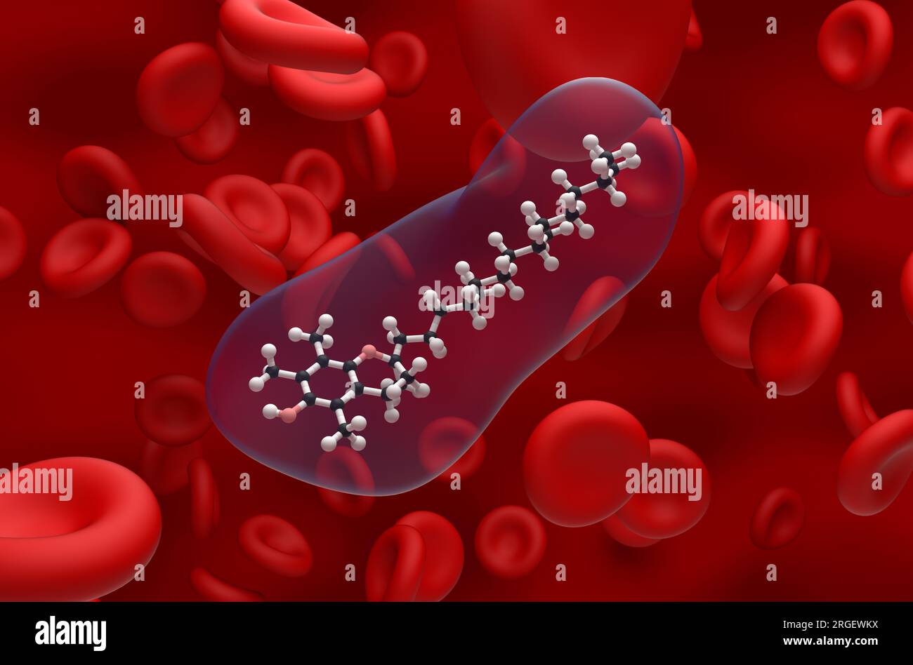 Vitamin E structure in the blood flow ball and stick closeup view 3d