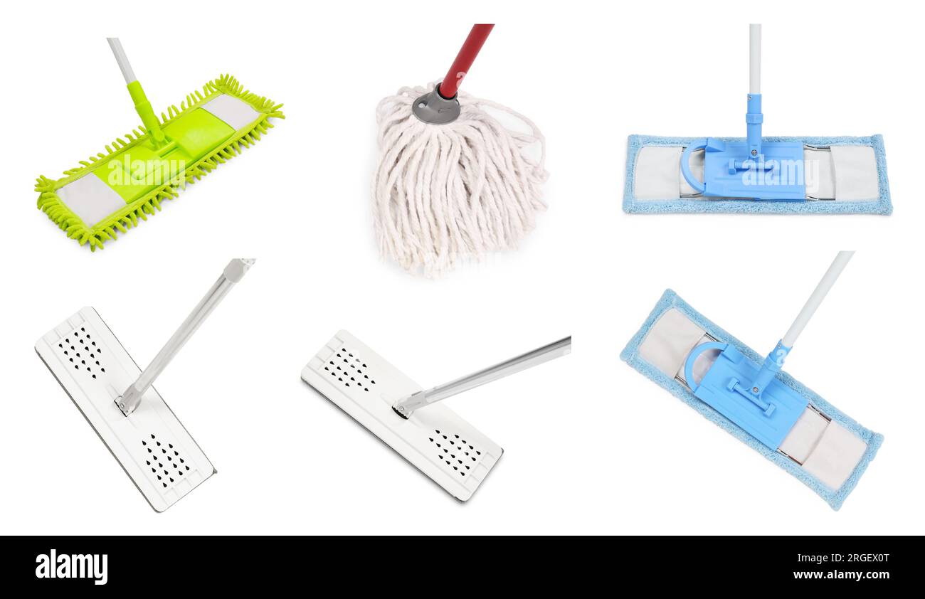 Set of different mops on white background Stock Photo Alamy