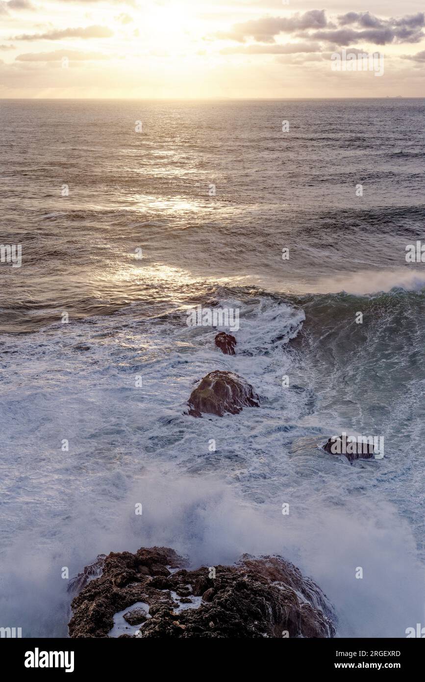 View at the Atlantic ocean in Nazare town, Portugal. Large wave