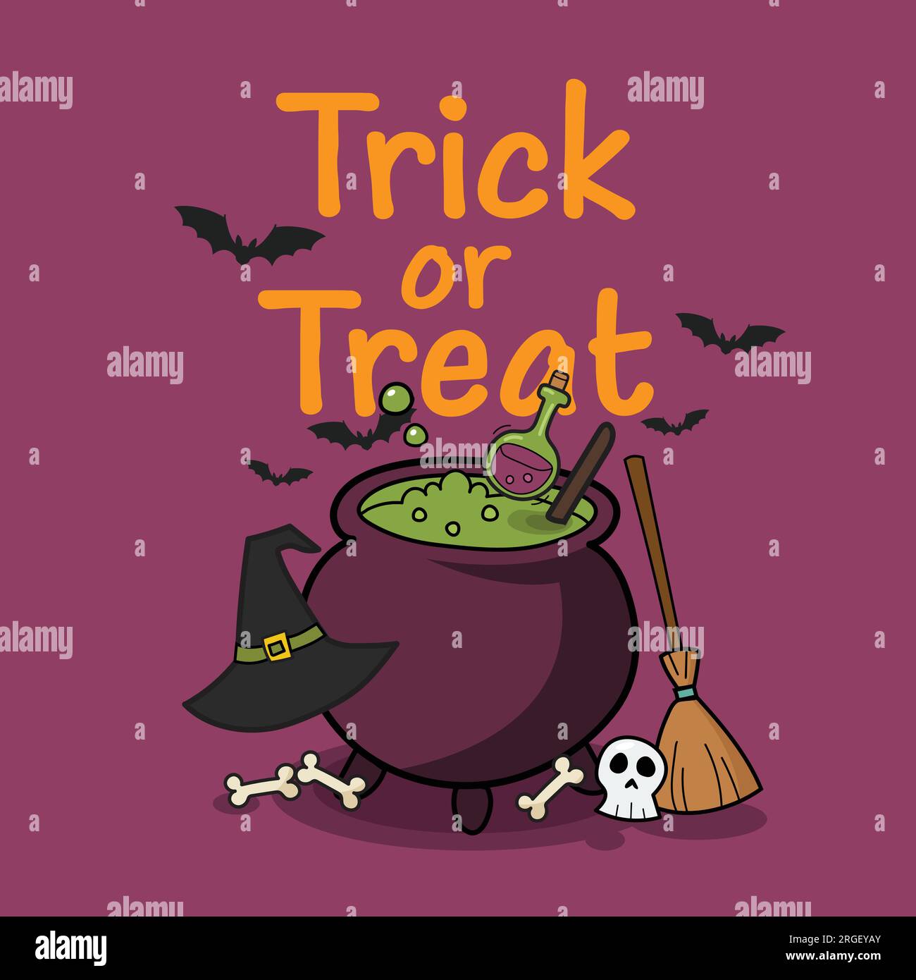 Witch cauldron with bubbling green potion doodles hand drawn. Halloween party greeting card. Vector illustration Stock Vector