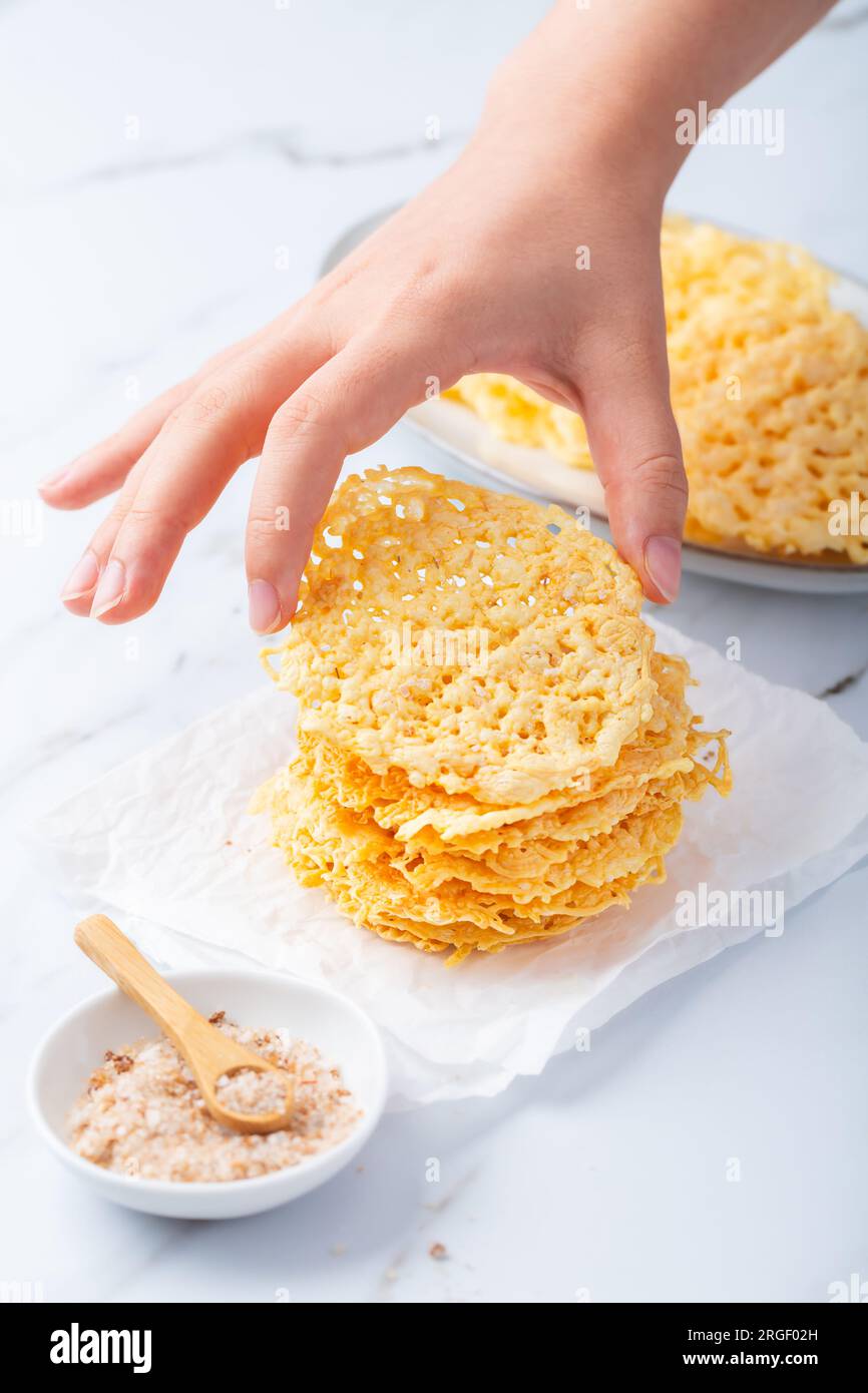 Parmesan cheese cracker chips. Grain Free Dippable Crispy Cheddar