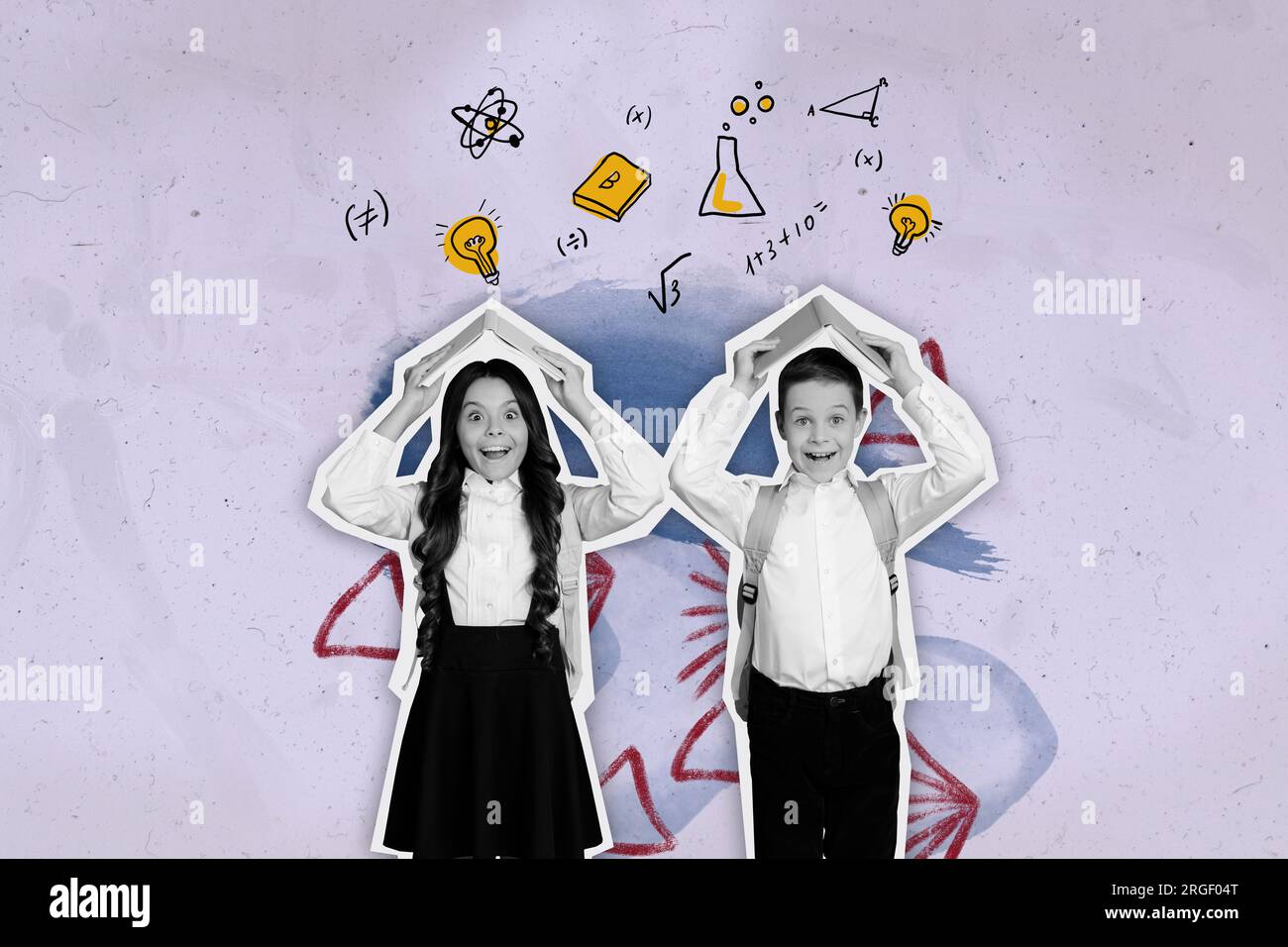 Banner collage sketch of happy positive clever children genius great idea hold book above head isolated on drawing retro background Stock Photo