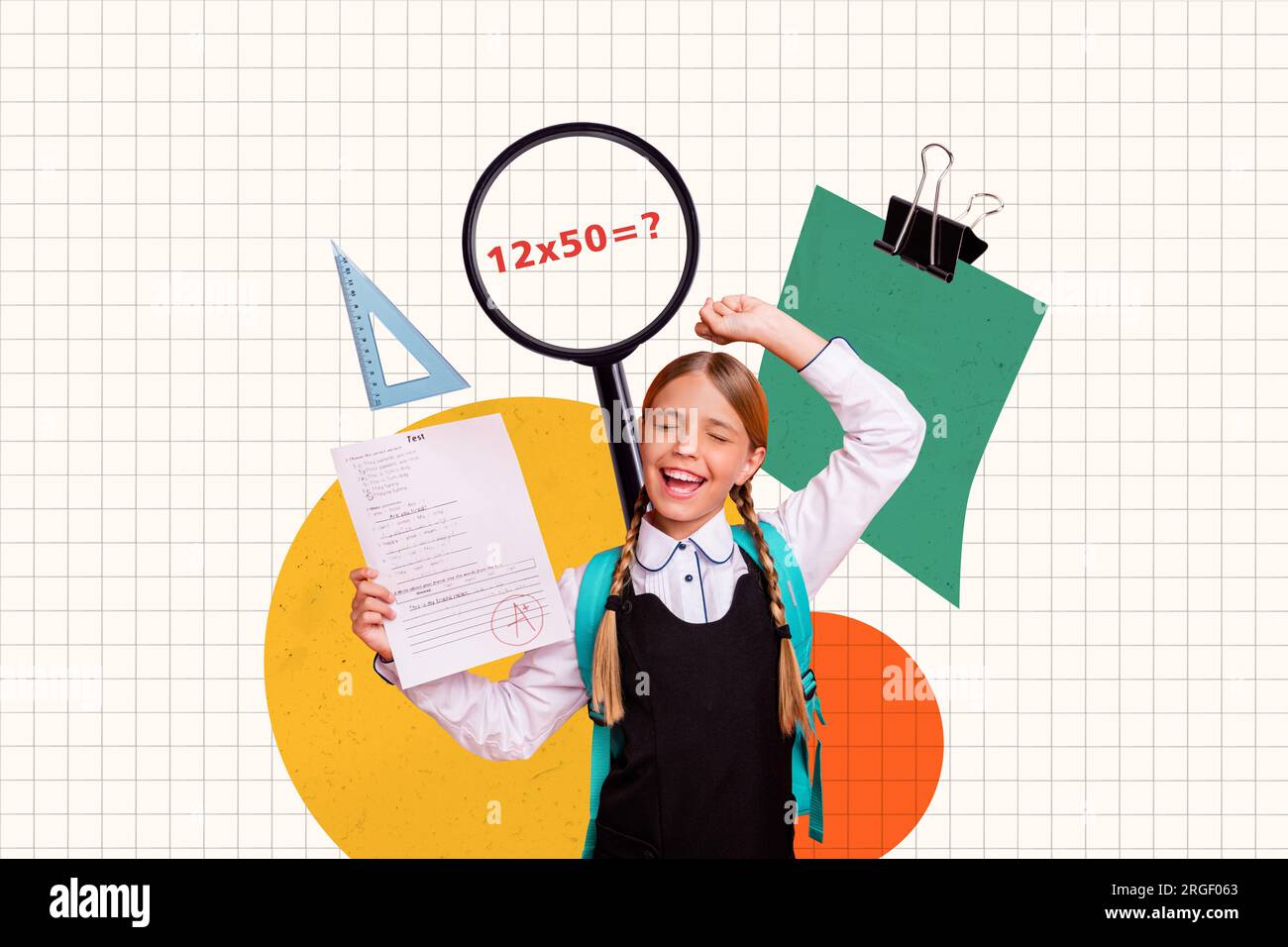 Collage of excited delighted clever girl raise fist hold test paper excellent grade magnifier lens isolated on checkered copybook page background Stock Photo