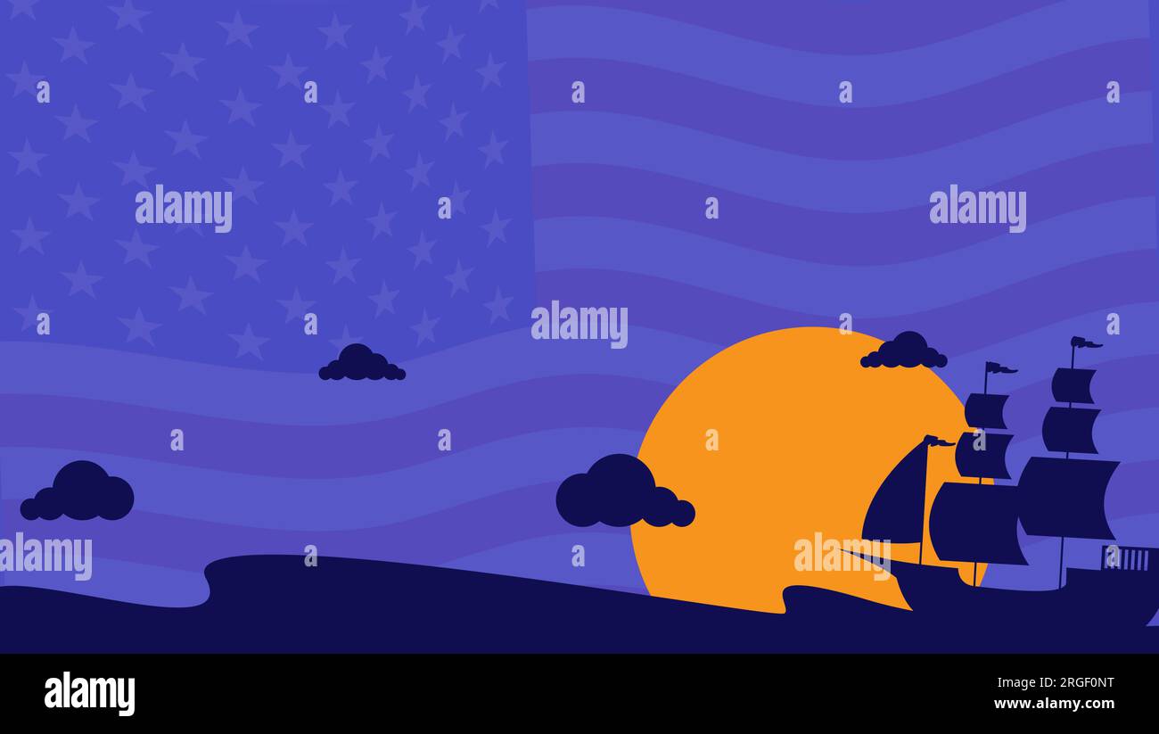 columbus day background with silhouette of ship , american flag and