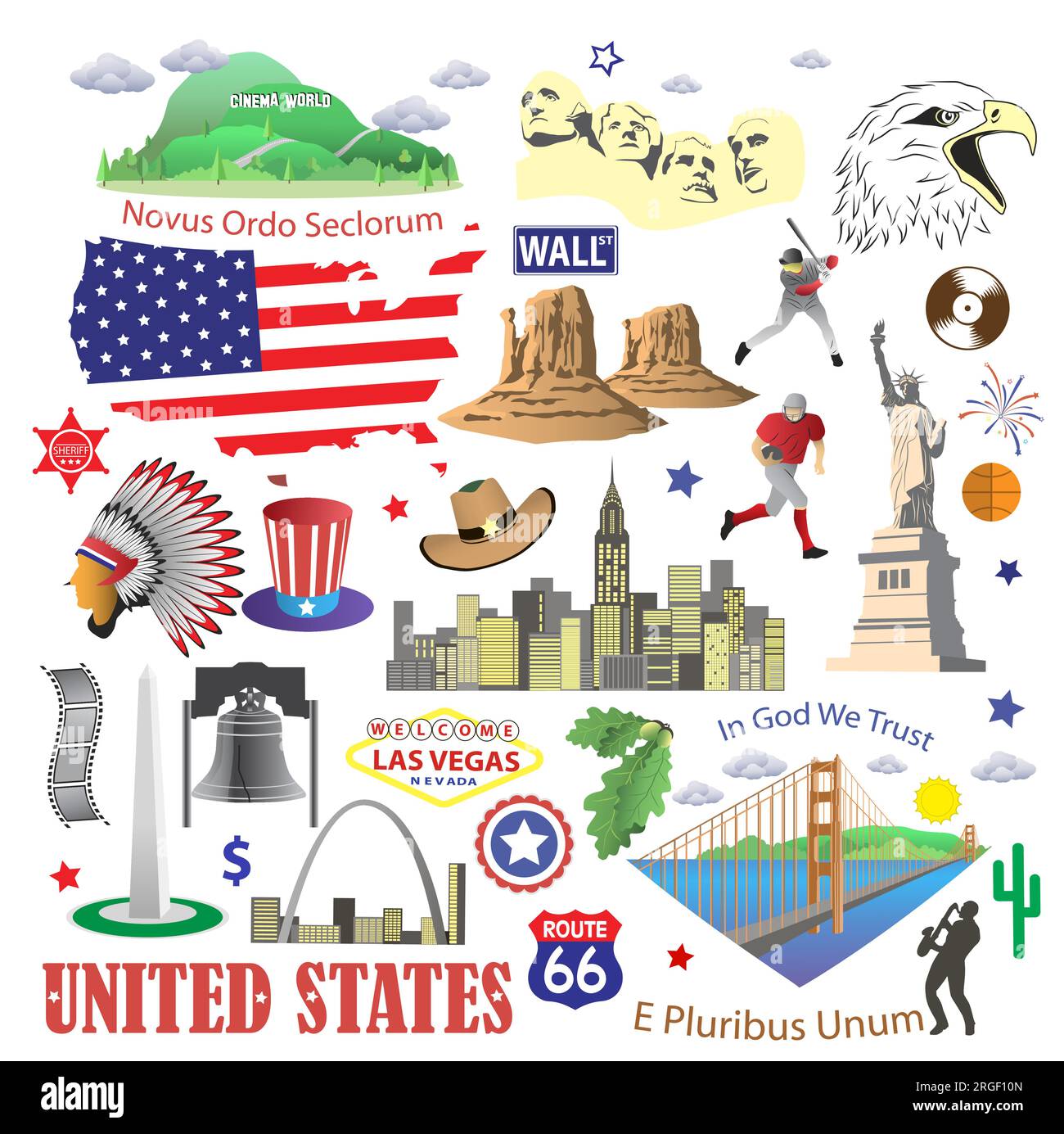 United states of America icons and travel symbols isolated set Stock Vector