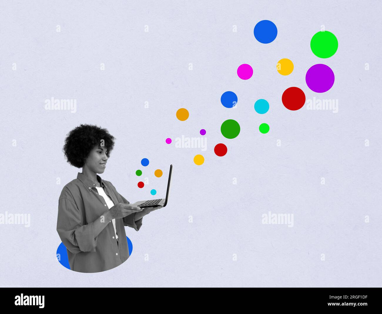 Collage with woman working on a laptop and colorful circles as a symbol of new ideas and creativity in blogging. Stock Photo