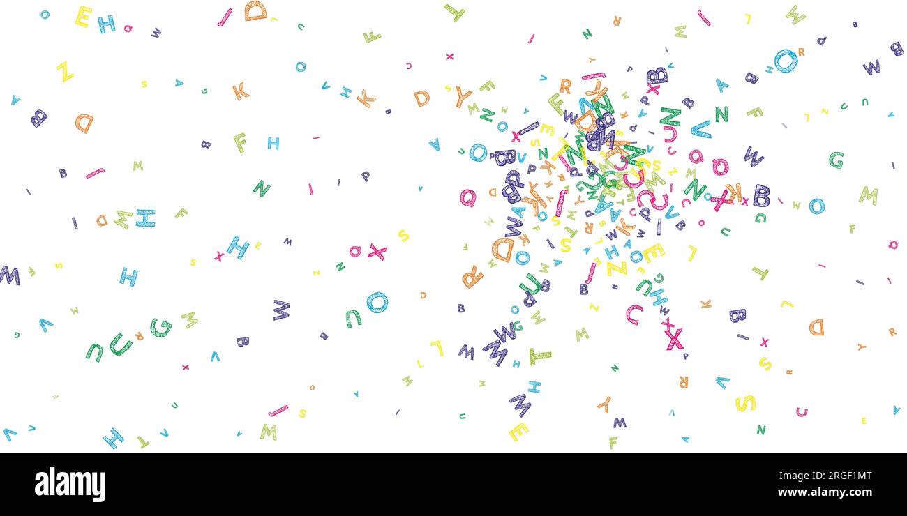 Falling letters of English language. Colorful messy sketch flying words ...