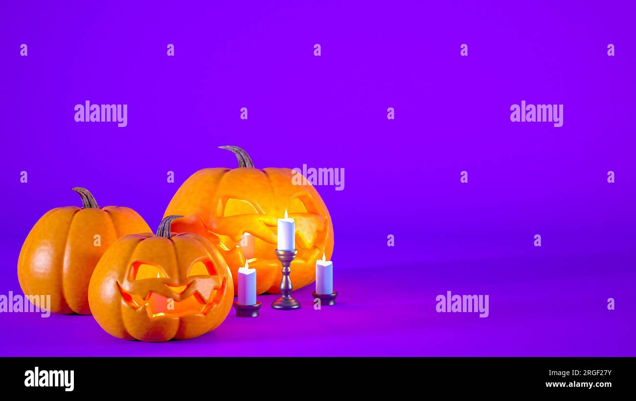 Halloween purple background with orange pumpkin lanterns and candles