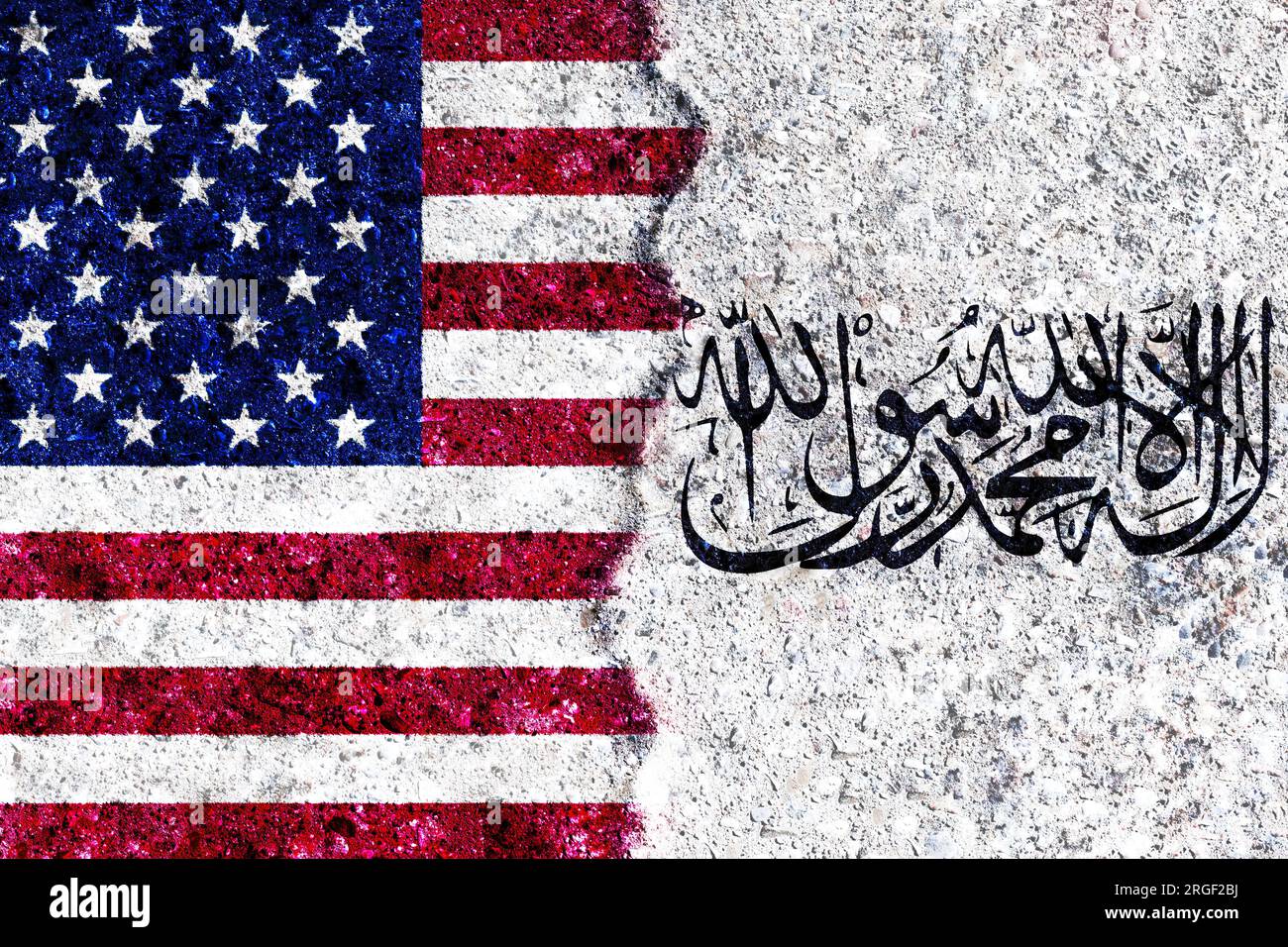 Flags: USA, Taliban. USA and Taliban relations. Afghanistan civil war Stock Photo