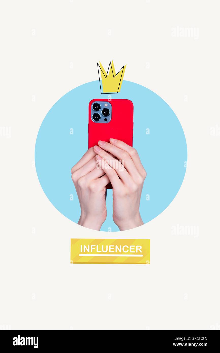 Vertical collage image of influencer blogger arms hold smart phone painted golden crown twitter tiktok instagram isolated on white background Stock Photo