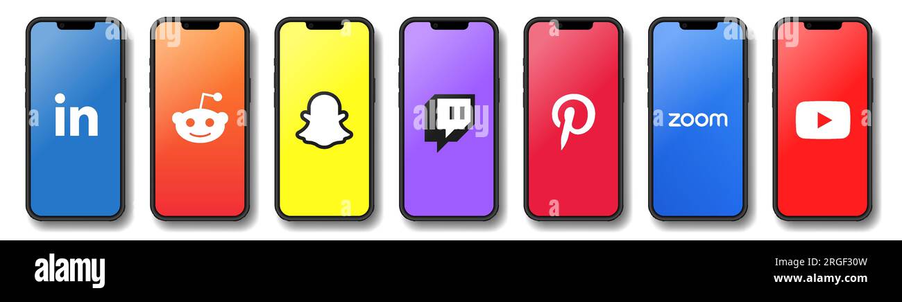 LinkedIn, Reddit, Snapchat, Twitch, Pinterest, Zoom and YouTube app banners on a phone screen. Smartphone display Stock Vector