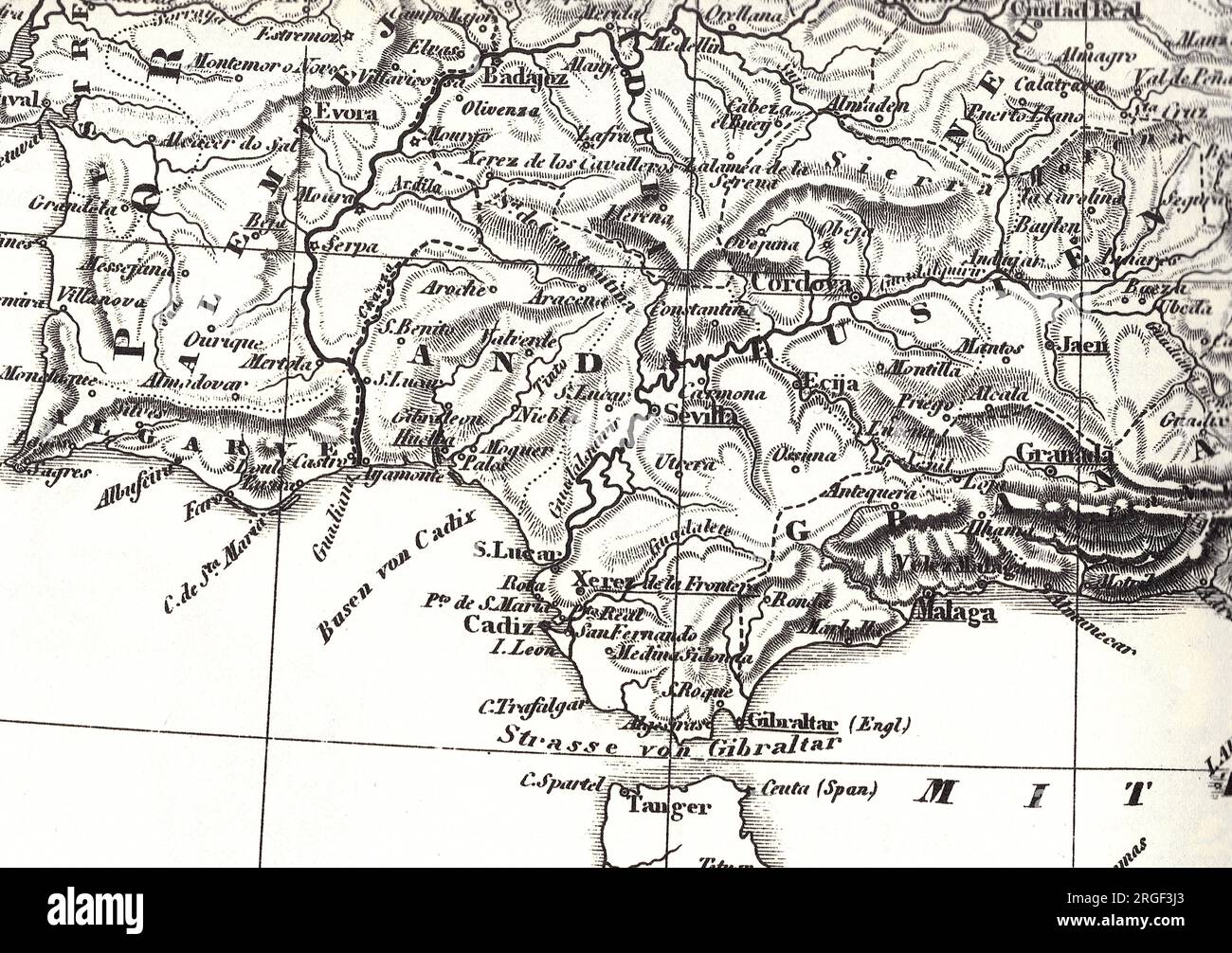 A historic black and white geographical map showing Gibraltar and the south coast of Spain. Stock Photo