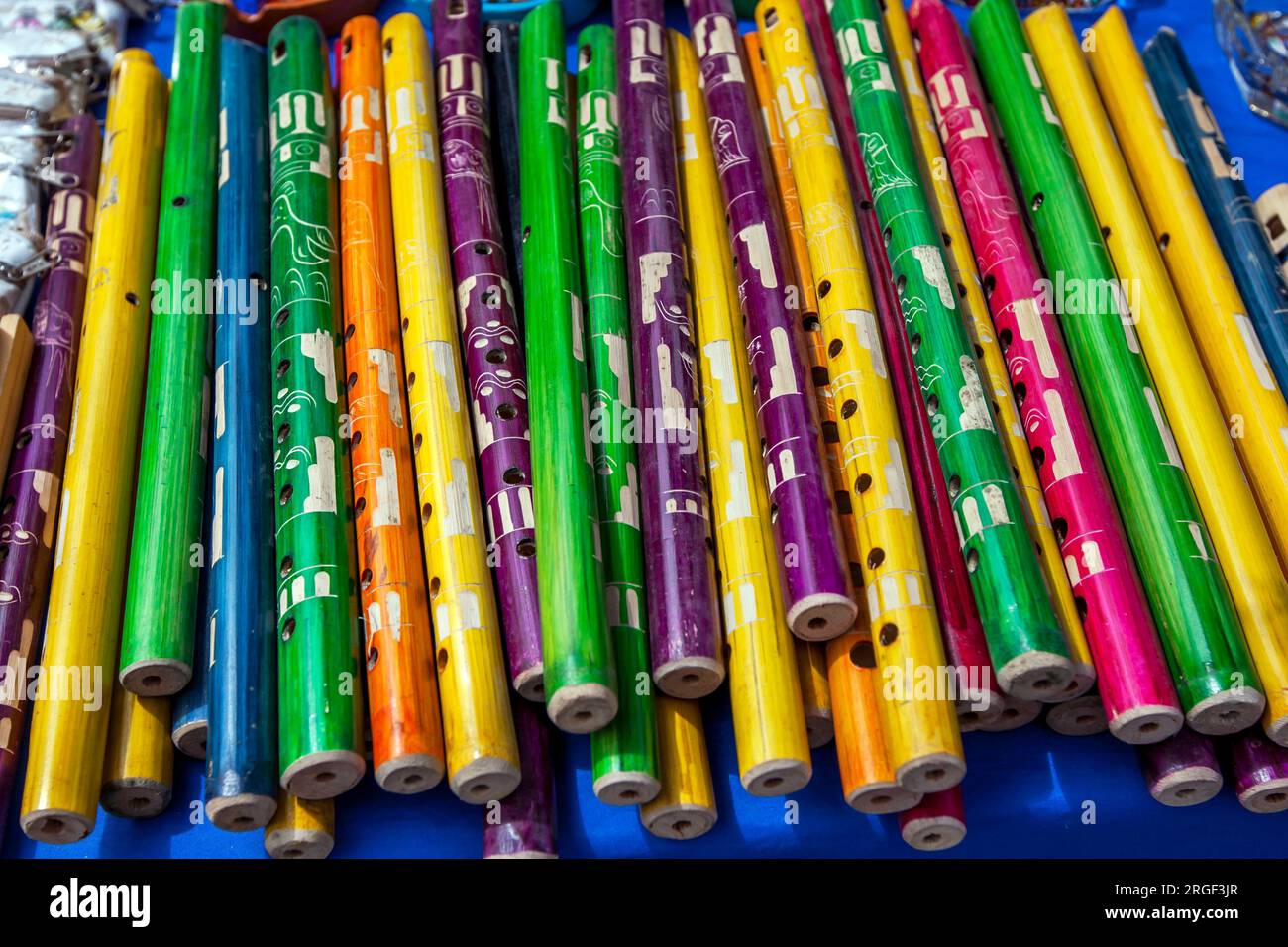 A colourful display of flutes for sale at the Indian market at Otavalo