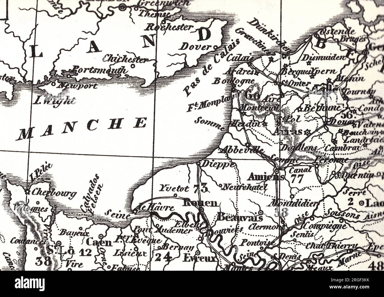 A historic black and white geographical map of the north west coast of France and the English Channel. Stock Photo