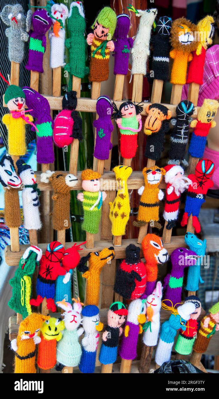 A variety of finger puppets for sale at the market in Peguche in Ecuador. Stock Photo
