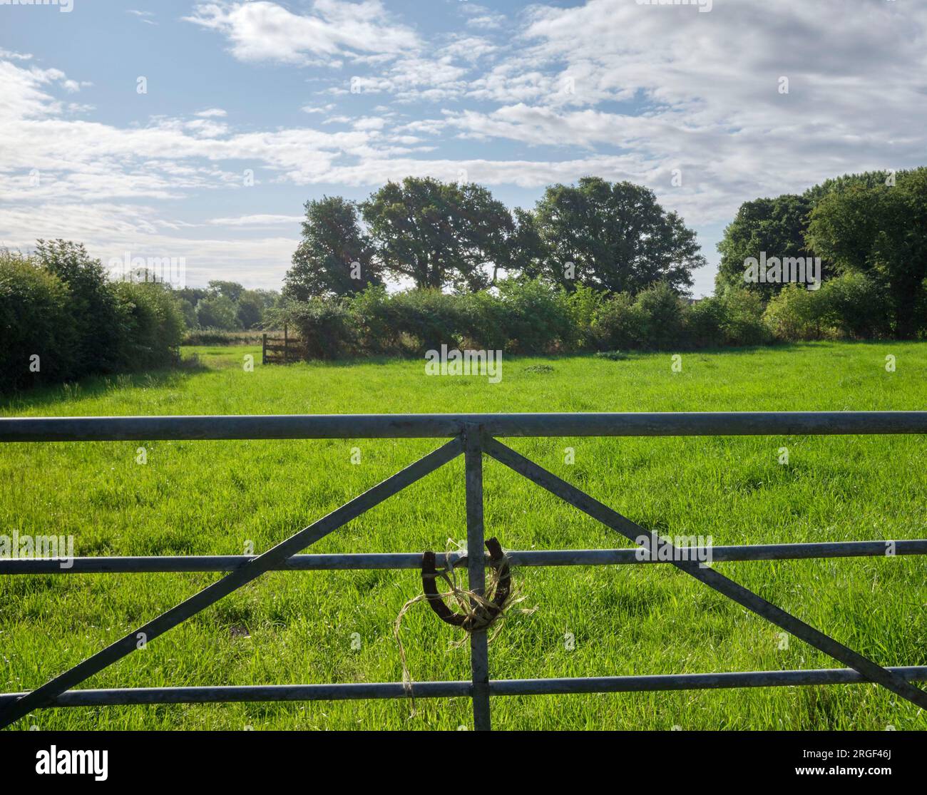 Upturned Horse shoe on a metal gate, Rural community of Womersley, North Yorkshire, northern England, UK Stock Photo