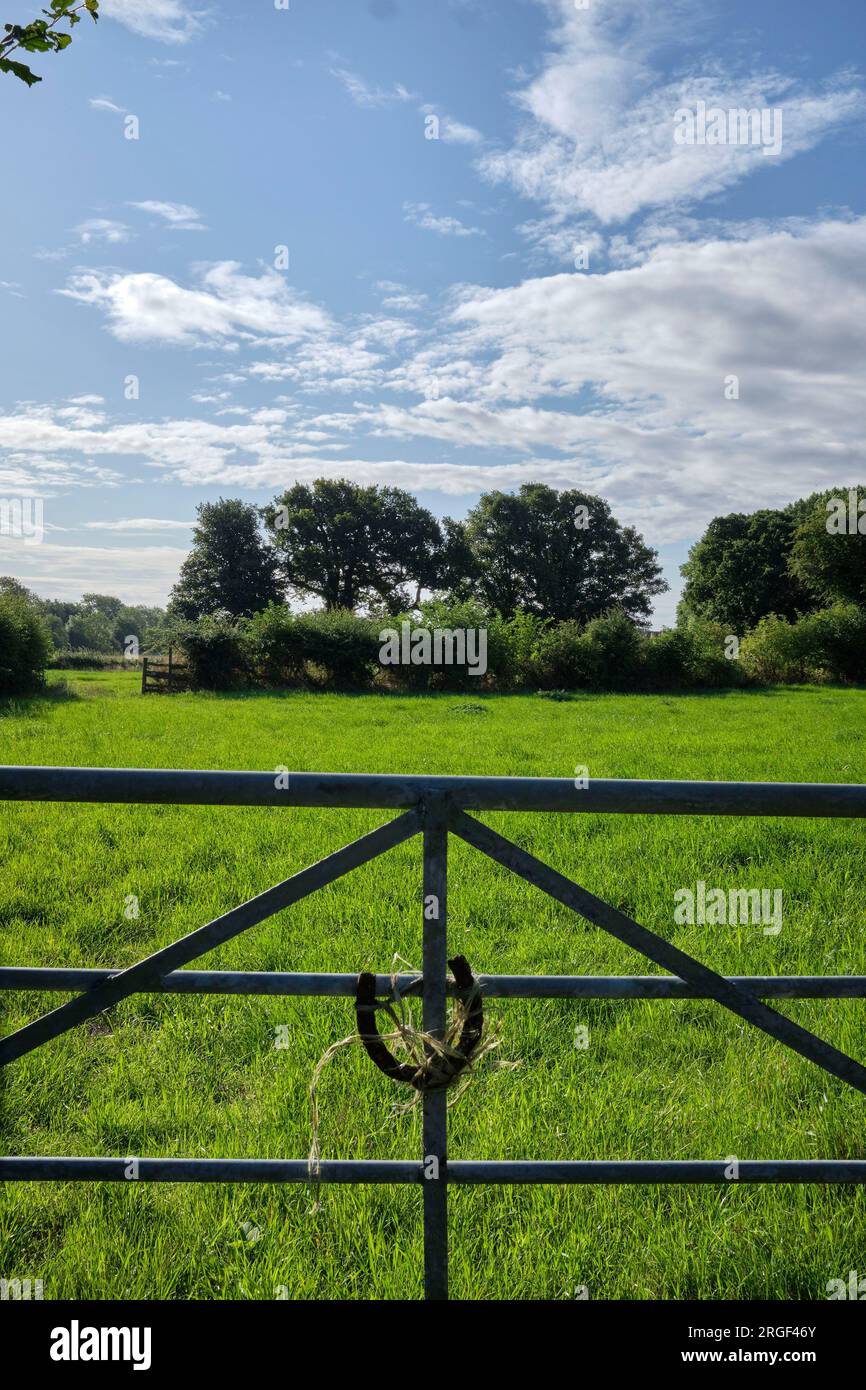 Upturned Horse shoe on a metal gate, Rural community of Womersley, North Yorkshire, northern England, UK Stock Photo