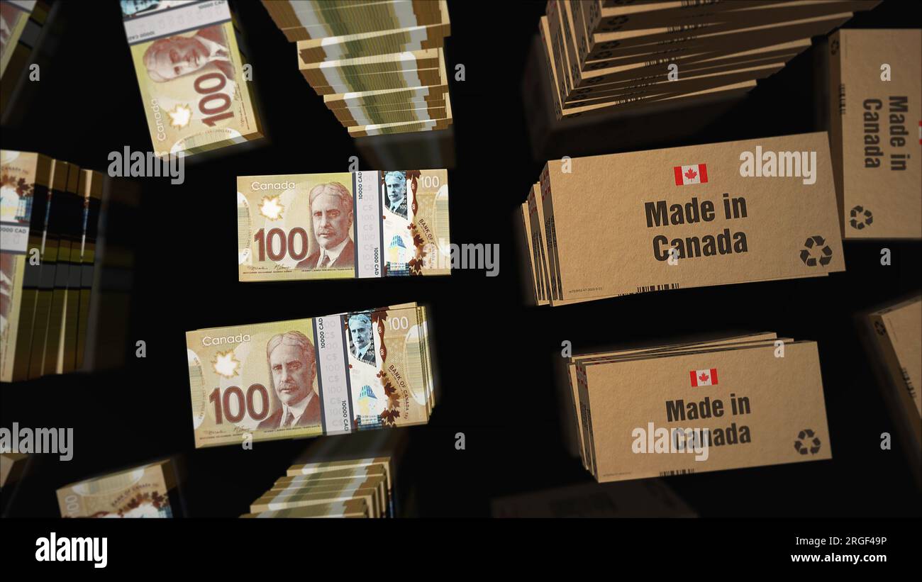 Made in Canada box line with Canadian Dollar money bundle stacks. Export, trade, delivery, production, shipping, business and import. Abstract concept Stock Photo